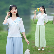 新款中国风套装文艺唐装女装茶服改良v领刺绣上衣汉元素采耳师套