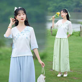 新款中国风套装文艺唐装女装茶服改良v领刺绣上衣汉元素采耳师套
