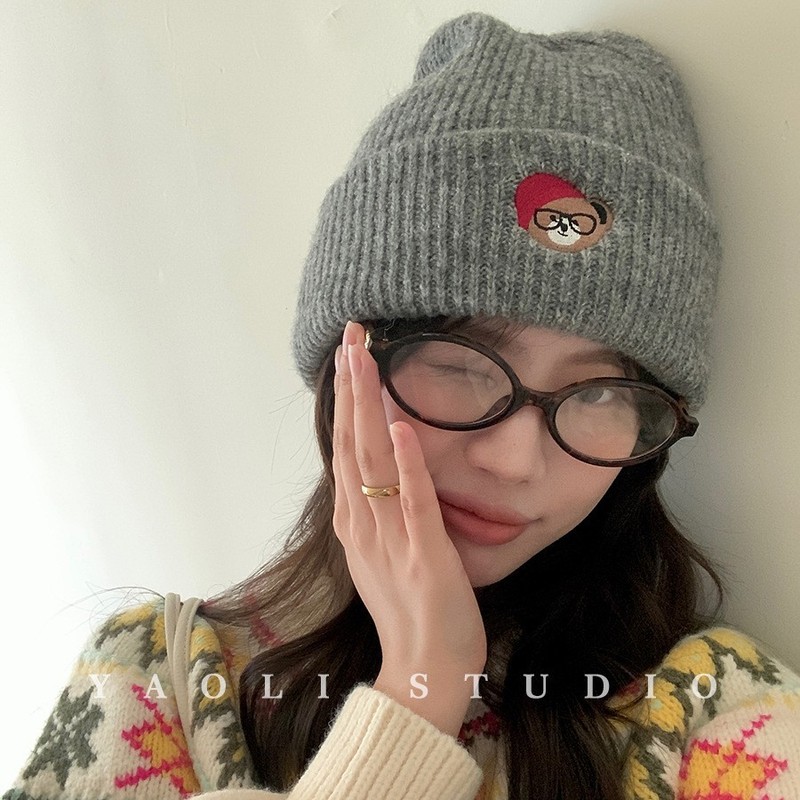 秋冬加厚保暖眼镜小狗刺绣针织毛线帽子女韩系防寒显脸小套头帽|undefined