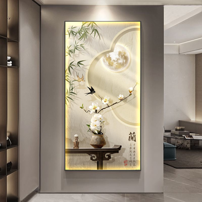 侘寂风led带灯画入户玄关装饰画新中式竹子客厅走廊过道挂画壁画|undefined