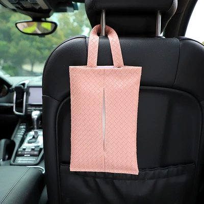 Car tissue box/set Box Creative Woven Leather Car - woven-hanging-tissue-box-pink