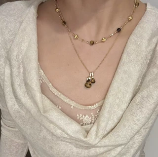 美拉德复古爱心仿虎眼石吊坠项链女串珠叠戴毛衣链小众设计感项链