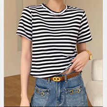 纯棉条纹小圆领短袖t恤女式宽松可外穿打底衫春夏季辣妹上衣