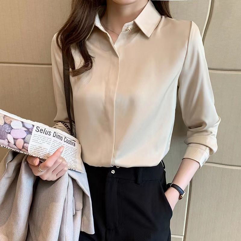 杭州のシルクのシャツの女性の長袖の春秋服の新型の绢糸の上着の白い職業は底のシャツの女性を詰めます。|undefined