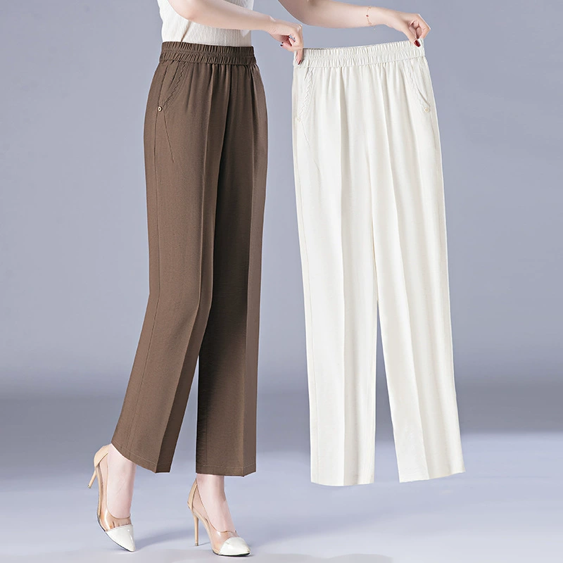 Средние и пожилые мамы брюки летние тонкие новые ледяные шелковые льняные укороченные брюки свободные прямые брюки плюс размер повседневные брюки
