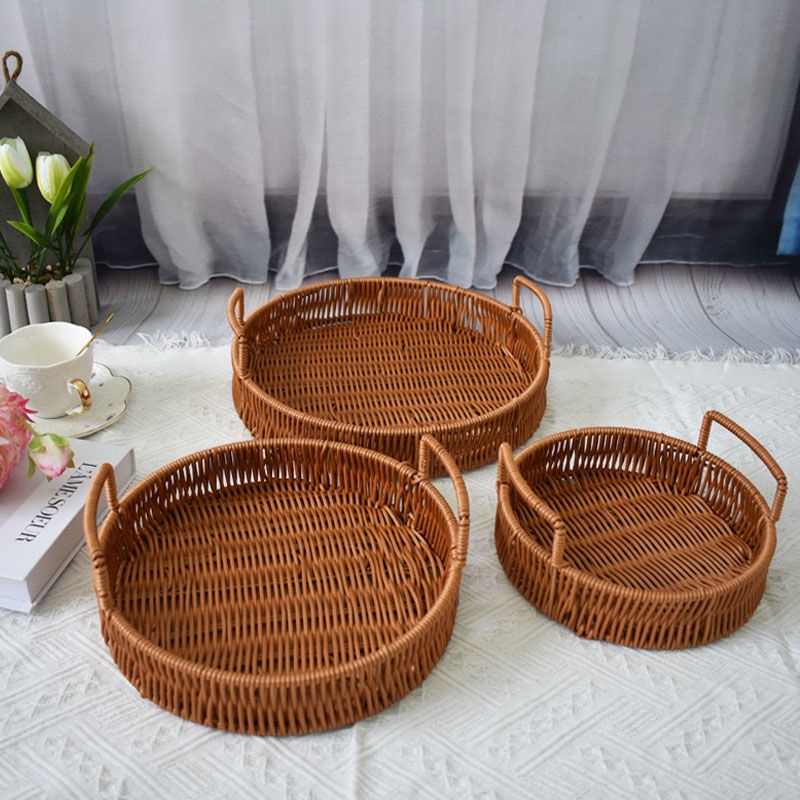 Cesta de almacenamiento de ratán Tejida de ratán, bandeja redonda binaural, canasta de pan, canasta de frutas, bocadillos de exhibición para el hogar, AliExpress
