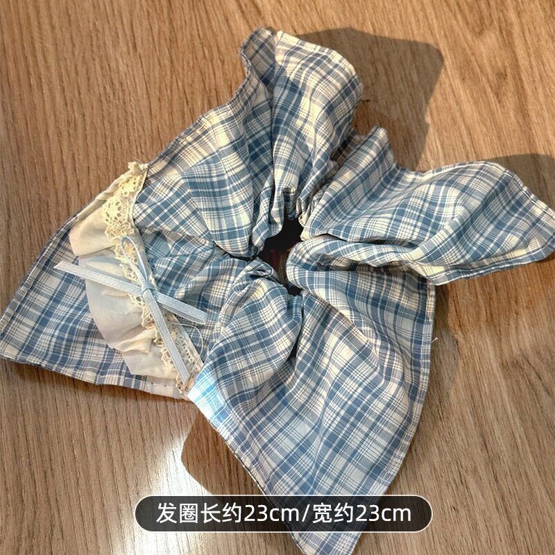 韩系蓝色格纹蝴蝶结方巾大肠发圈女高级感头圈发绳海燕头绳发饰品|undefined