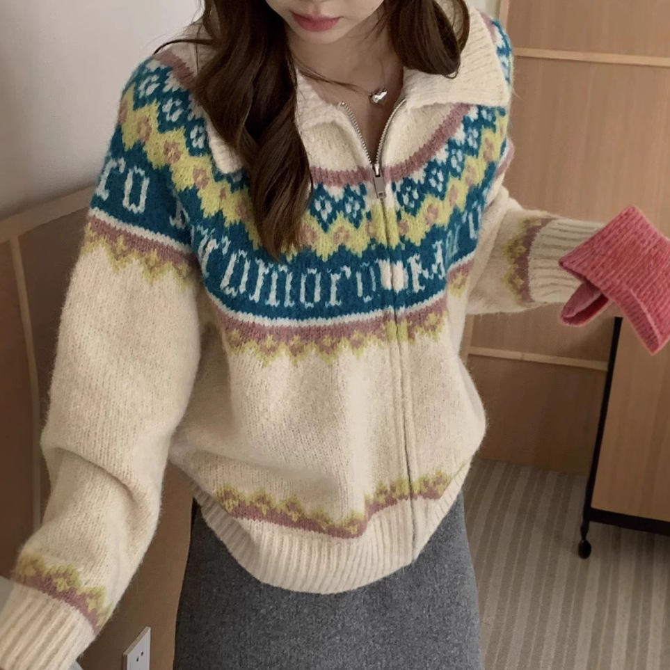 페어랜드 스웨터 여성의 가을과 겨울 2024 새로운 빈티지 지퍼 디자인 두꺼운 자카드 니트 카디건 재킷 탑