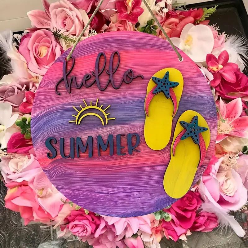 Cross-border New Wooden Slippers Hello Summer Hanging Logo Beach Theme Decorative Wall Porch-Indoor Outdoor Decoration