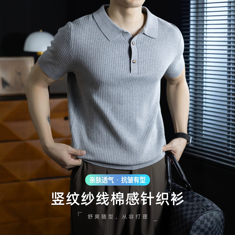 Old Money Style Cotton-Feel Vertical Stripe Solid Color Short-Sleeve Polo Shirt for Men, Light Luxury, Stretchy, Casual, Breathable T-Shirt Knitwear