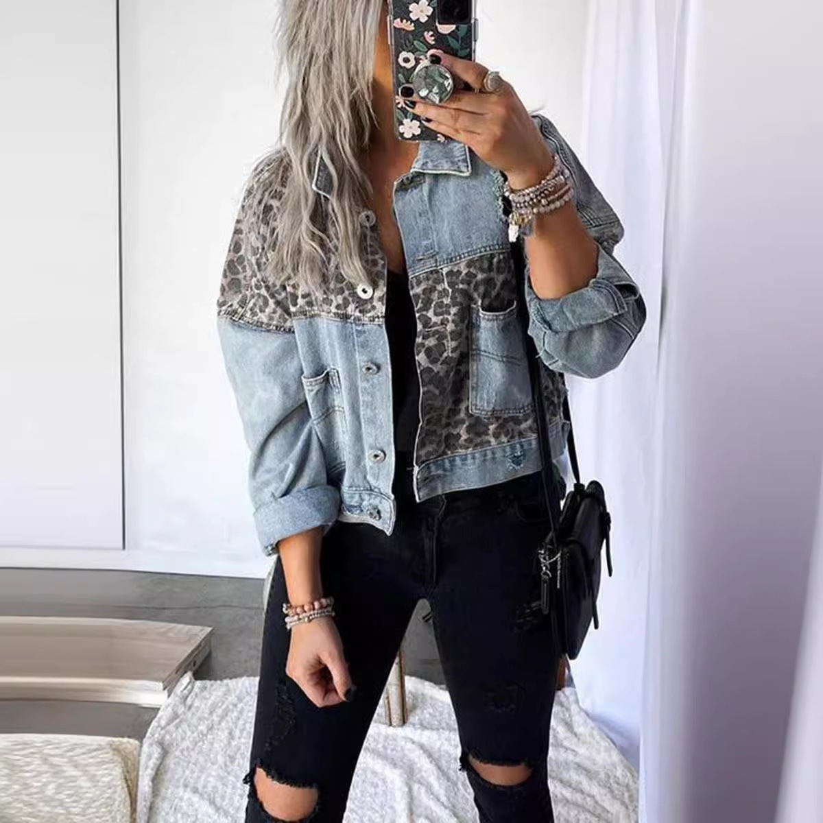 Regular Top Length Coat Tops Type Holiday, Daily Occasion Turndown Neckline Women's Casual Streetwear Color Block Leopard Single Breasted Coat Puffer Jacket