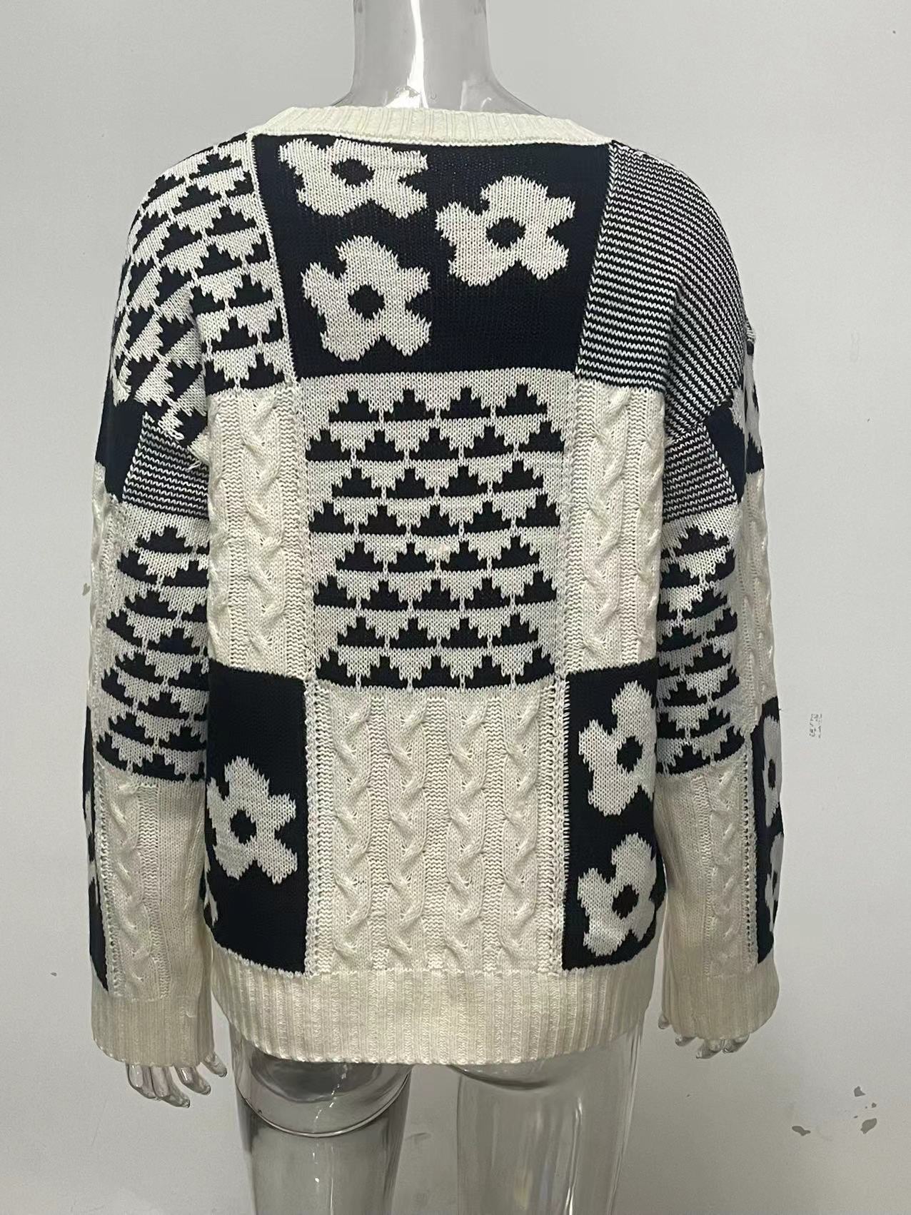 Women's Pullover Sweater Square Flower Casual Loose Round Neck_voghion.com