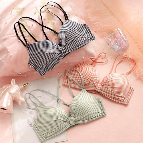 Bra set for Japanese girls, cute and sexy plaid, small breasts, gathered, no rims, beautiful back underwear, thin style for female students