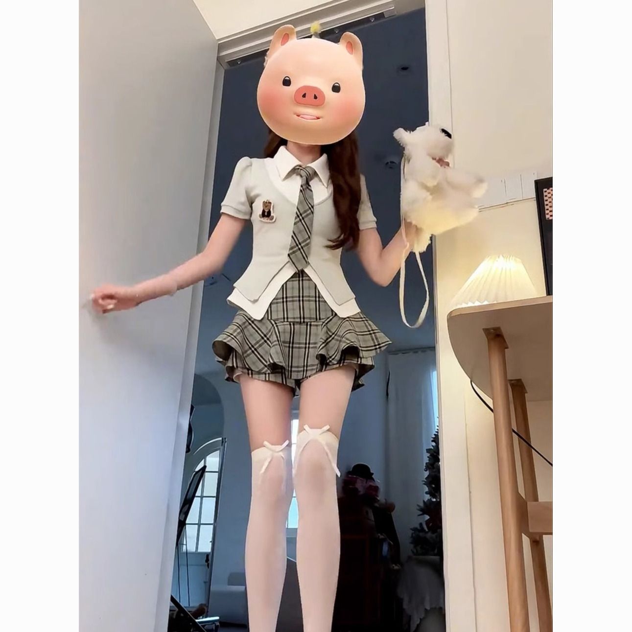 Unique and Beautiful Preppy Style Fake Two-Piece Shirt Top for Women Jk High-Waisted Plaid A-Line Skirt Pants Two-Piece Set