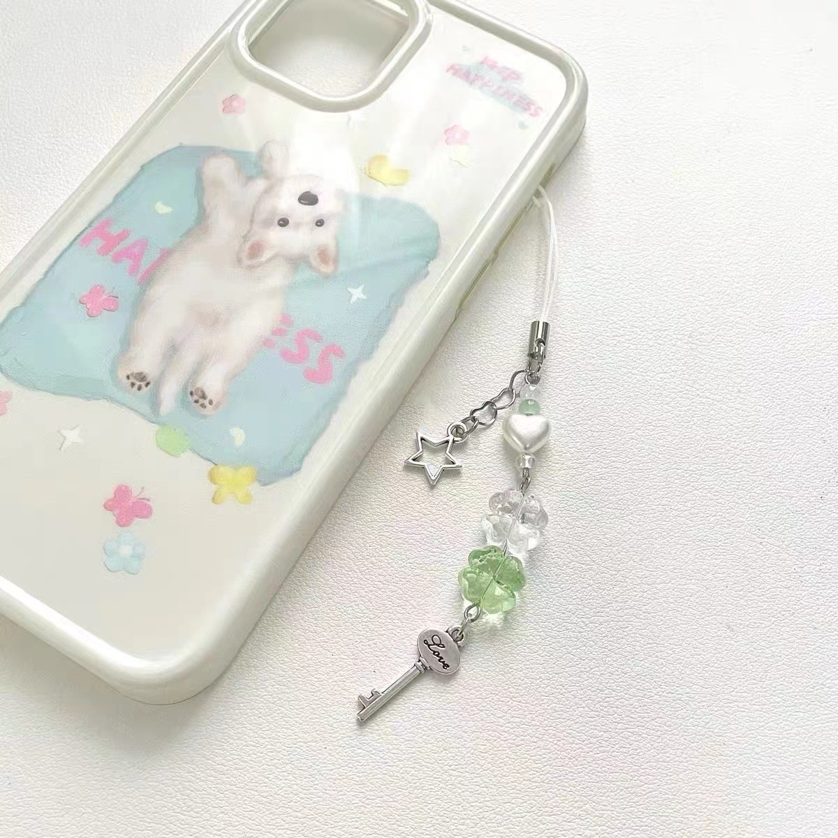 8g Weight Mobile Phone Chain, Keychain Classification 1 Piece Sweet Four Leaf Clover Heart Shape Key Plastic Beaded Mobile Phone Chain Keychain