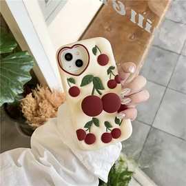 适用型号iphone16女孩款式可爱樱桃支架3D立体硅胶爱心镜框手机壳