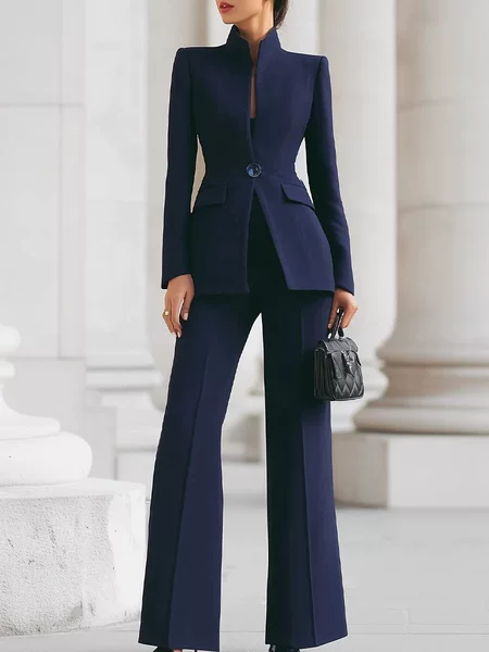2026 European and American Women's Fashion Independent Long-Sleeve Solid Color Pocket Single-Button Blazer + Long Suit Pants Two-Piece Set