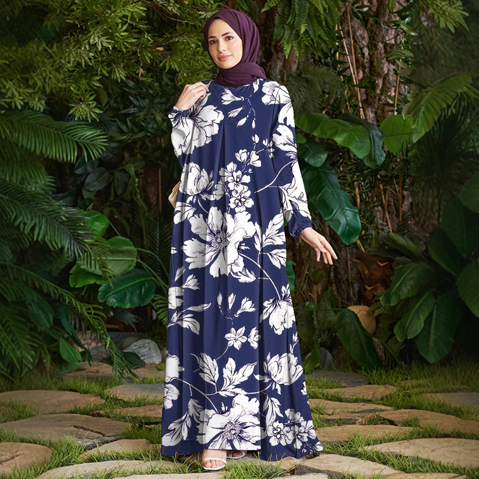 Vacation Beach Cross-Border European American Style Dress Women's Polyester Muslim Dress_ecoleips.com
