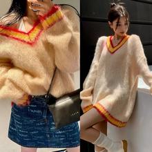 【亏清150】MA安哥拉山羊毛手工拉毛气质拼色大廓形V领毛衣