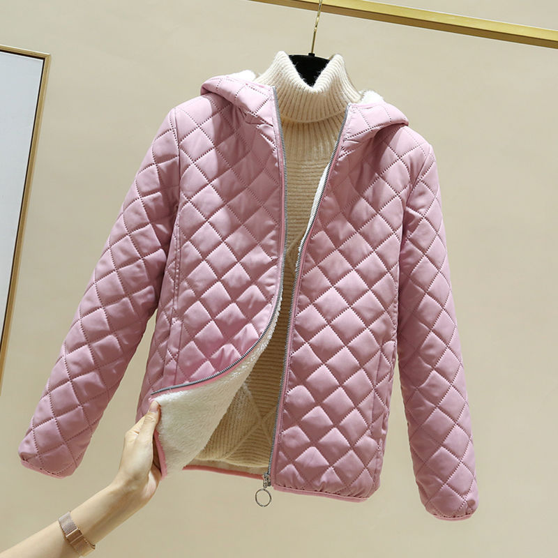 加绒加厚棉衣女冬季新款2025羊羔绒短款棉袄纯色百搭连帽棉服外套|undefined