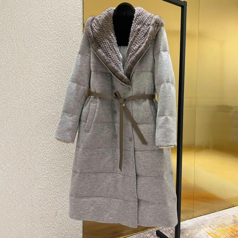 L/P same style high-end 90% white goose down down jacket for women, imported mink woven hood, mid-length, lace-up fur coat