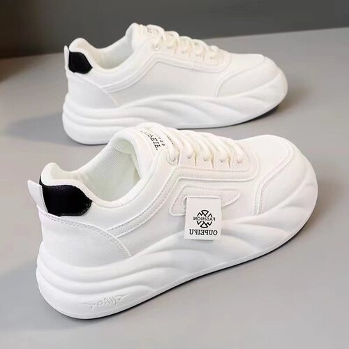 Authentic Leather White Women's Shoes 2025 Spring Color-blocked Casual Platform Sneakers Trendy Thick-soled Student Casual Shoes