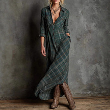 2025欧美 跨境新品双面印花休闲长袖大摆格子连衣裙