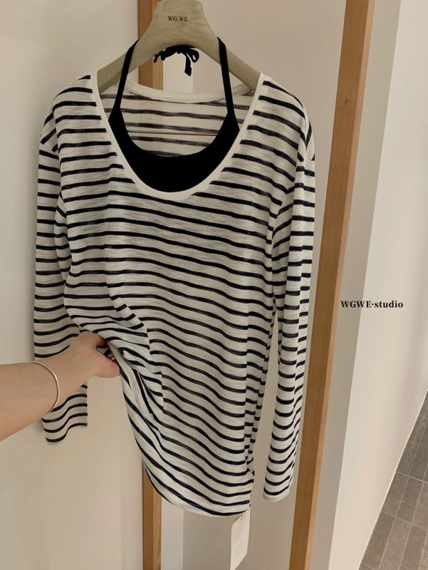 WGWE夏季女时尚休闲条纹薄款宽松长袖罩衫上衣背心两件套装W6599|undefined