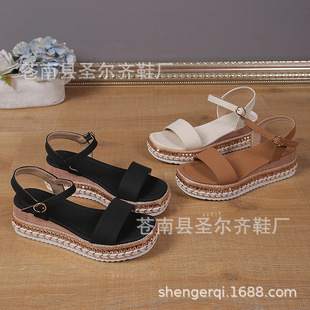 2024 spring and summer European and American women's plus size hemp rope bottom platform women's sandals buckle wedge peep toe women's sandals