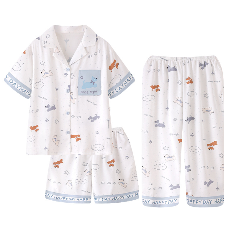 Pijama de niños frío seda de hielo y nieve mangas cortas tres piezas con solapa delgada 2026 nueva ropa casera infantil de verano