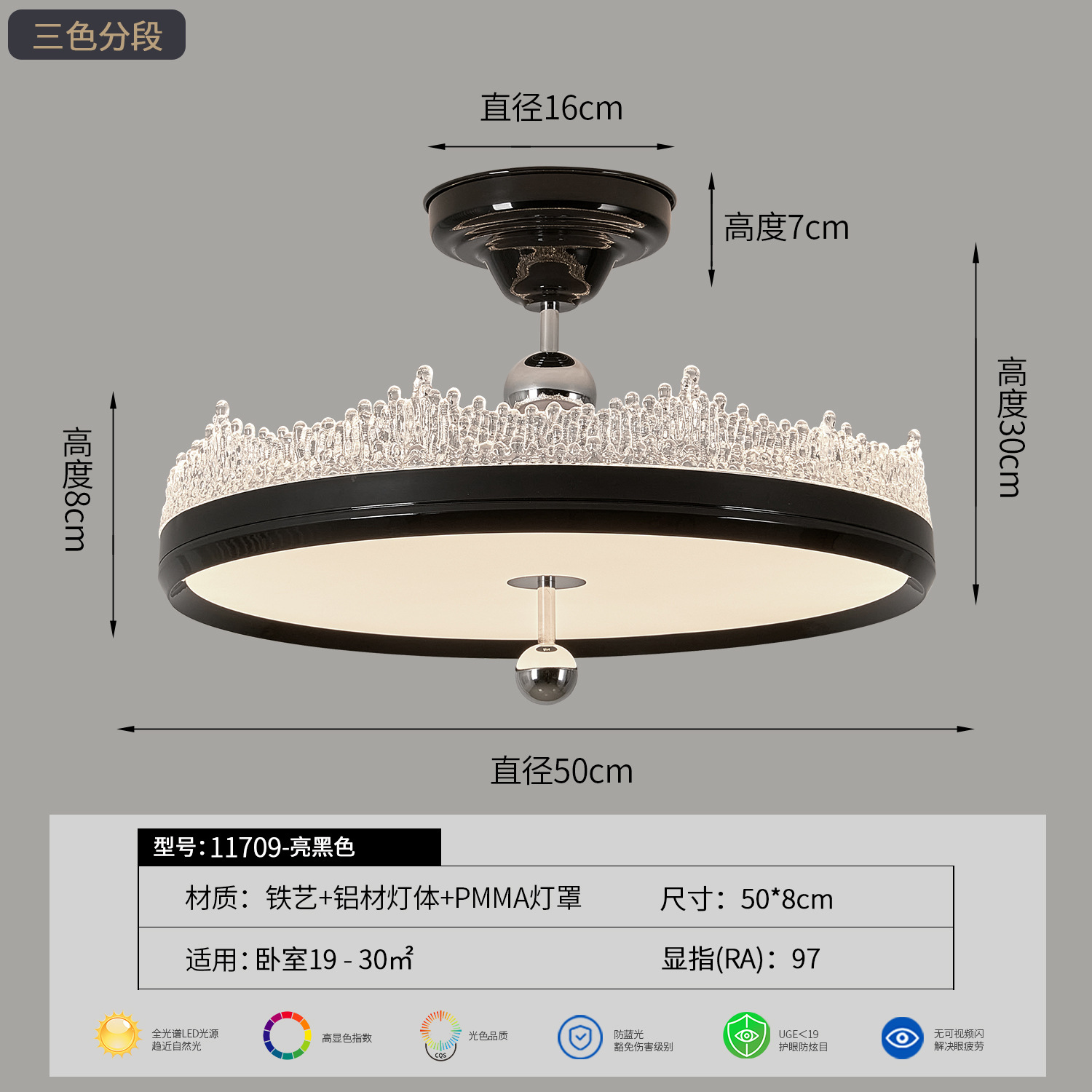 Negro brillante - 55w - Tricolor segmentado - espectro completo