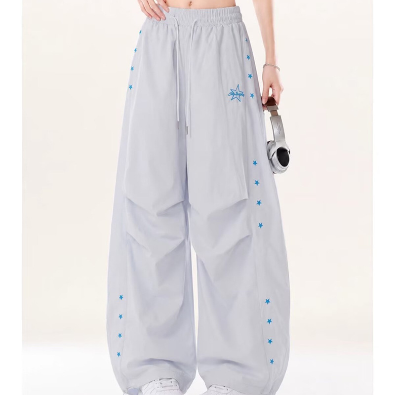 Summer Star Embroidery Curved Hem Pants for Women, Jazz Dance Wide-Leg Sports Pants, American-Style Loose Lazy Quick-Dry Casual Pants Summer Star Embroidery Curved Hem Pants for Women, Jazz Dance Wide-Leg Sports Pants, American-Style Loose Lazy Quick-Dry Casual Pants