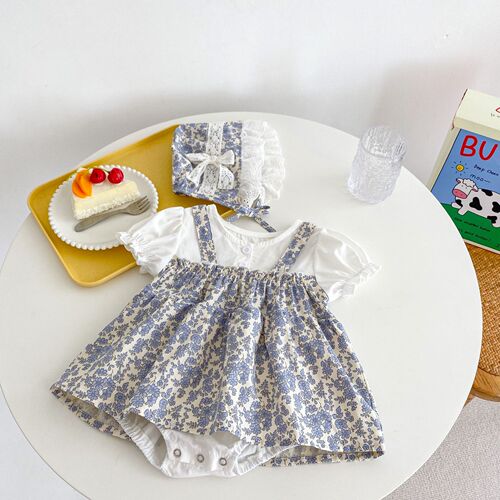 ins  summer full month baby baby clothes small floral flower princess fake two-piece triangle harem dress with hat