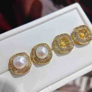 DIY earring accessories zircon square holder direct S925 silver needle high color retention pearl earring empty holder P1462