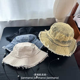 韩版网红做旧水洗牛仔渔夫帽女遮阳防晒夏季显脸小盆帽磨边水桶帽