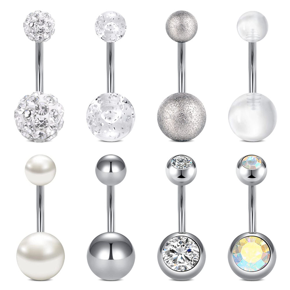 Modisches, grenzüberschreitendes 8-teiliges Bauchnabelpiercing-Set aus Edelstahl mit diamantbesetztem Glitzer und Perlenkugeln, einfach zu tragen_voghion.com