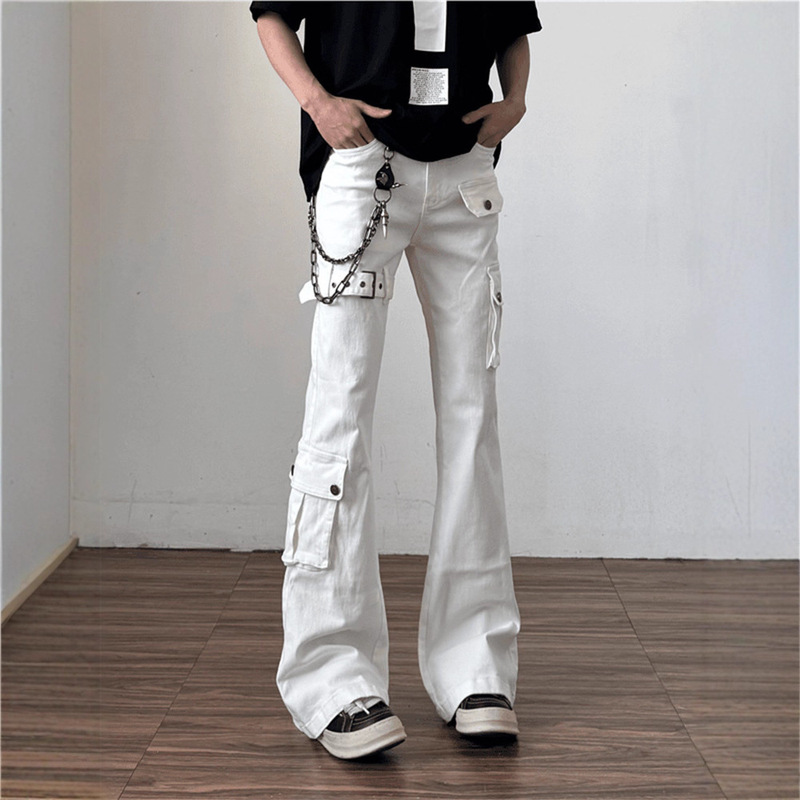 White Vibe Lace-Up Cargo Jeans for Men, American High Street Style, High-Waisted, Slimming Straight-Leg Flared Pants