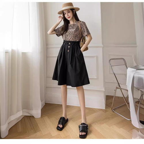 Cross-border foreign trade summer large size Korean style versatile high-waisted wide-leg casual pants for women loose and slimming fashionable five-pocket pants