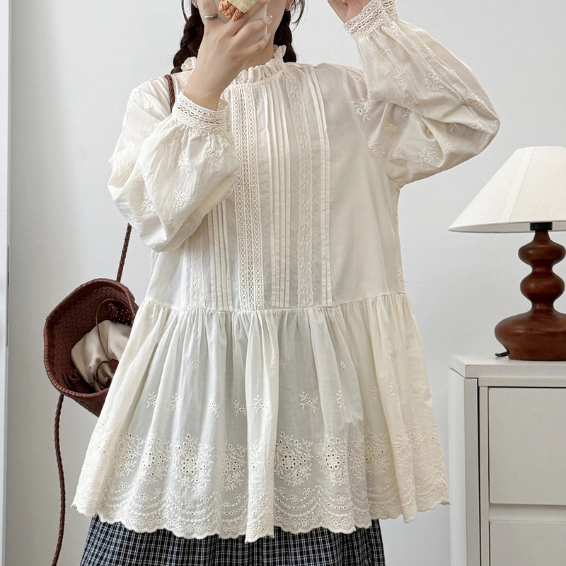 Mori Girl Style Fully Embroidered Lace Stand Collar Babydoll Top Loose Cotton Long-Sleeved White Shirt Wholesale