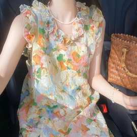 甜美小清新彩色印花木耳边连衣裙女夏季超仙气质宽松度假风短裙子