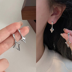 S925 Silver Asymmetric Four-Pointed Star Rhombus Earrings, Unique Design, High-End, Simple and Elegant, Versatile Earrings