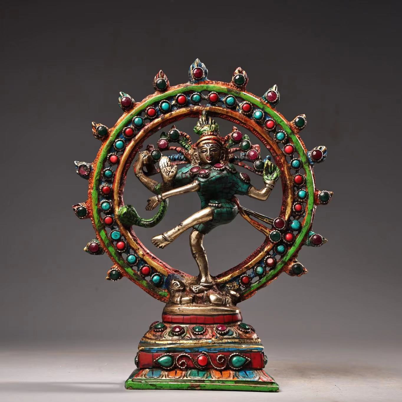 尼泊尔寺院收老纯铜纯手工打造镶嵌宝石彩绘描金站自在度母造像