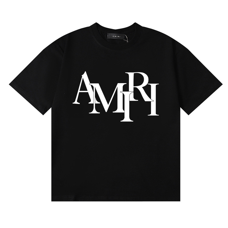 Beautiful Trendy Light Luxury Amiri Amiri Atmospheric Logo Printed high quality Double Yarn Pure Cotton Casual Short-sleeved T-shirt for Men and Women