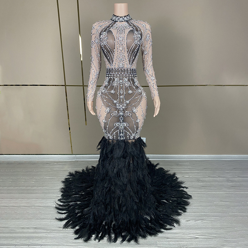Birthday Costume Luxury Gift Diamond Long Dress Evening Dress Formal Elegant Royal Black Feather Floor-length Skirt Gala