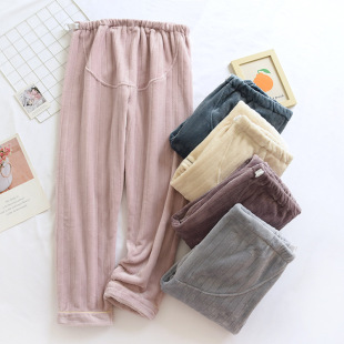 Autumn and Winter Pregnant Women's Pajama Pants Flannel plus size fleece-lined Pants Solid Color Coral Fleece Home Pants Adjustable Abdominal Pants