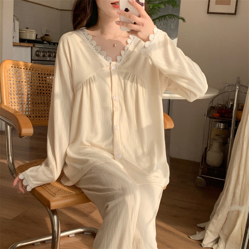 Al por mayor transfronterizo primavera y otoño nuevo con cojín de pecho encaje de bambú jacquard camiseta encaje ropa de casa pijamas mujeres