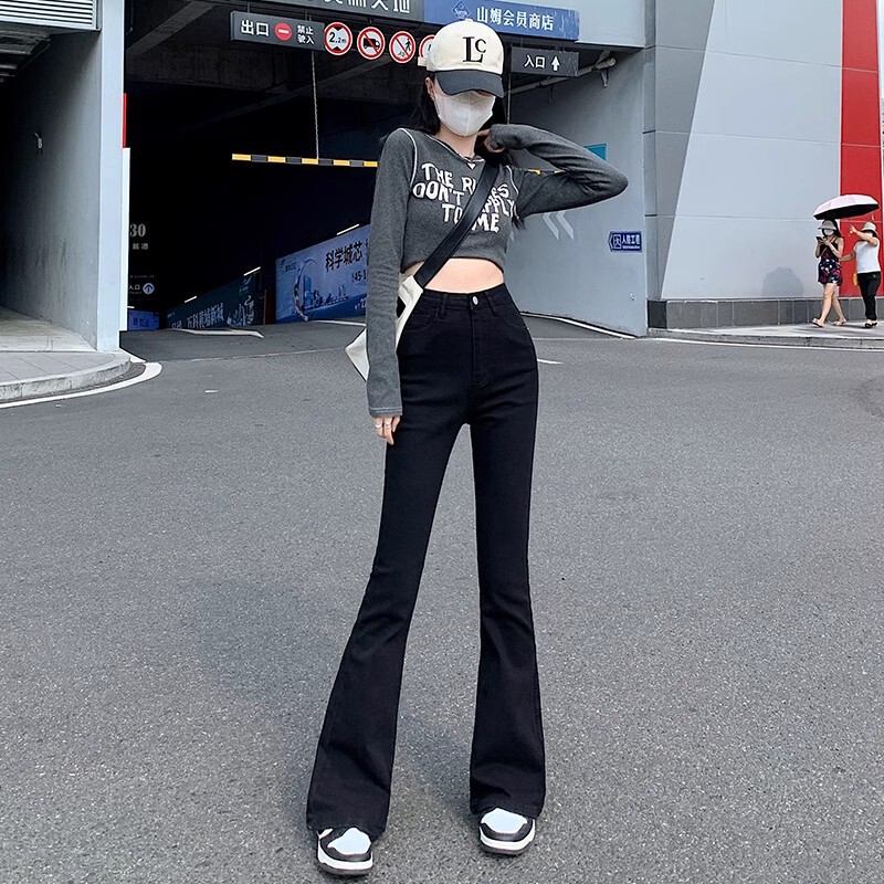 Customer-Exclusive Black Flared Jeans for Women, American Style, New Winter Model, Petite, Slimming, High-Waisted, Bootcut
