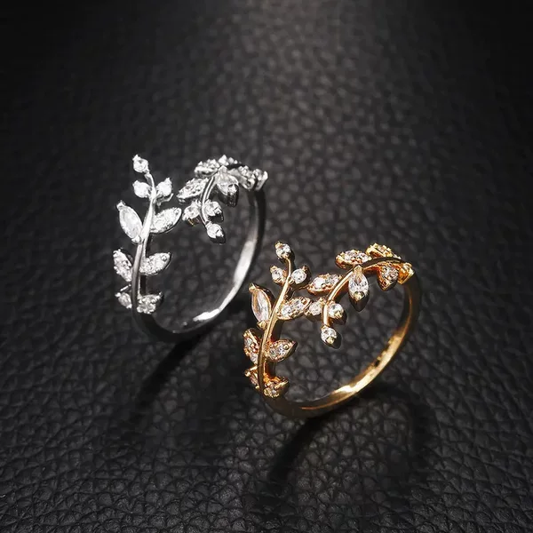 Cross-Border Leaf Ring with Copper Inlaid Zircon, Adjustable Size for Men and Women, Minimalist Style Jewelry, Couple's Style