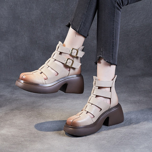 First Layer Cowhide Sandals Women's 2023 Summer New Vintage Brock Roman Boots Subnet Boots Platform Sandals Women