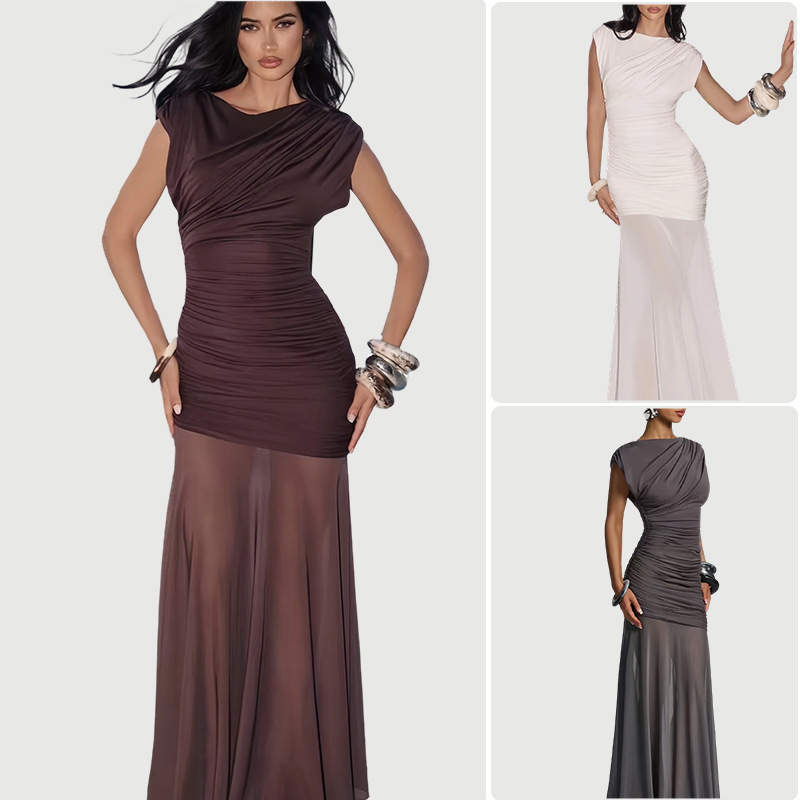 2025 High-End Fashion Design Tight-Fitting Hip-Slimming Dress Mesh Splicing Long Skirt Asymmetrical Dress